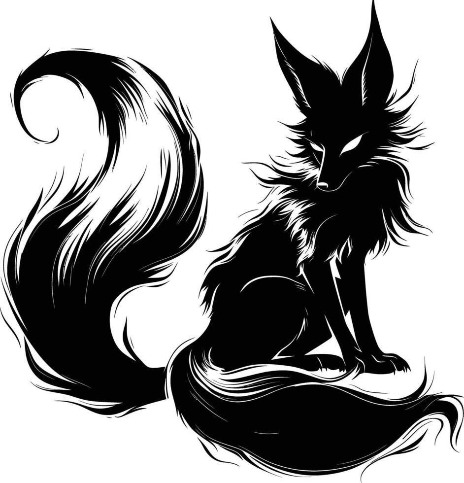 AI generated Silhouette Nine Tailed Fox black color only full body body vector