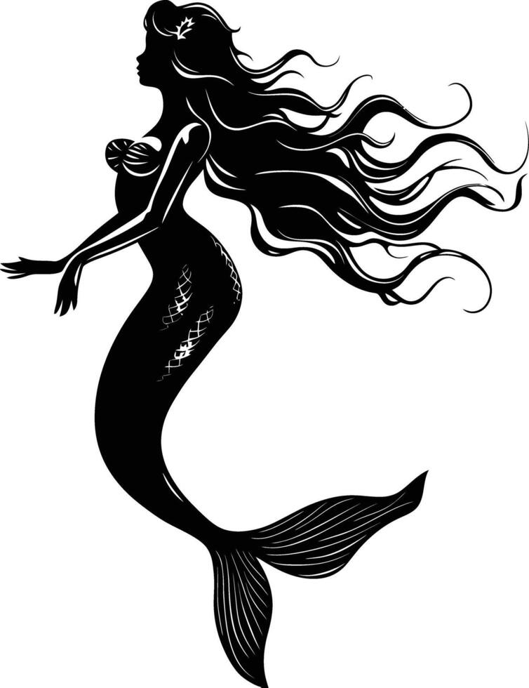 AI generated Silhouette mermaid black color only full body body vector