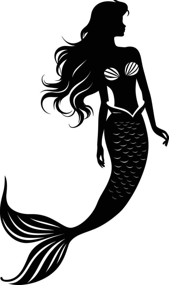 AI generated Silhouette mermaid black color only full body body vector