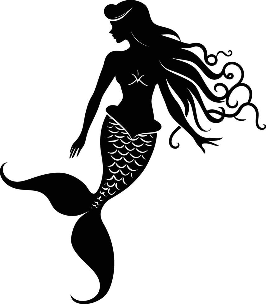 AI generated Silhouette mermaid black color only full body body vector