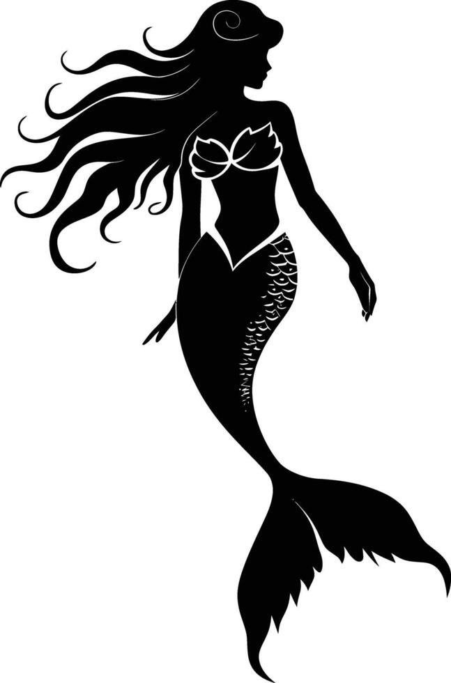 AI generated Silhouette mermaid black color only full body body vector