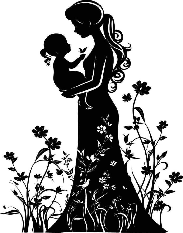 AI generated Silhouette for mother day moment black color only full body vector