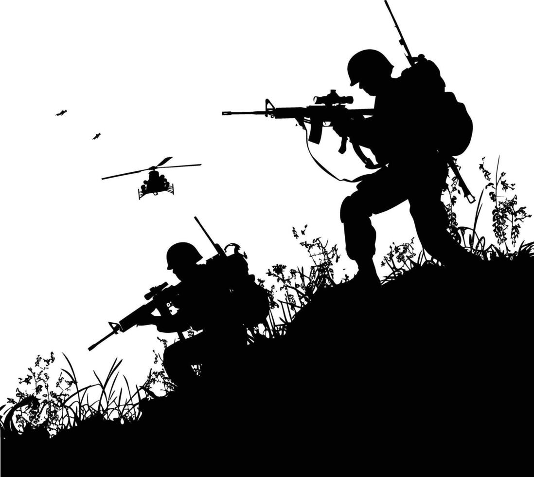 AI generated silhouette of a war situation black color only vector