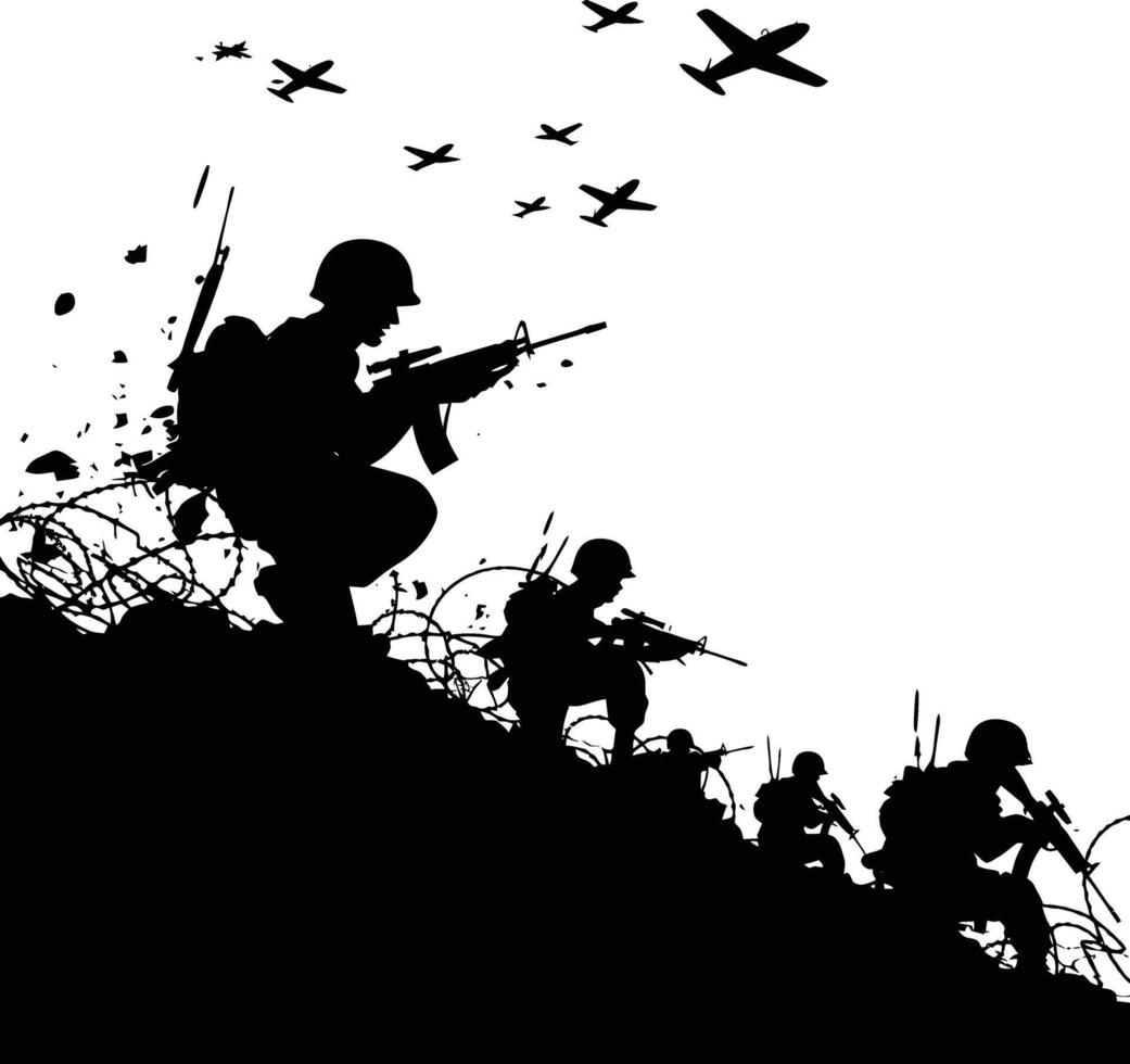 AI generated silhouette of a war situation black color only vector