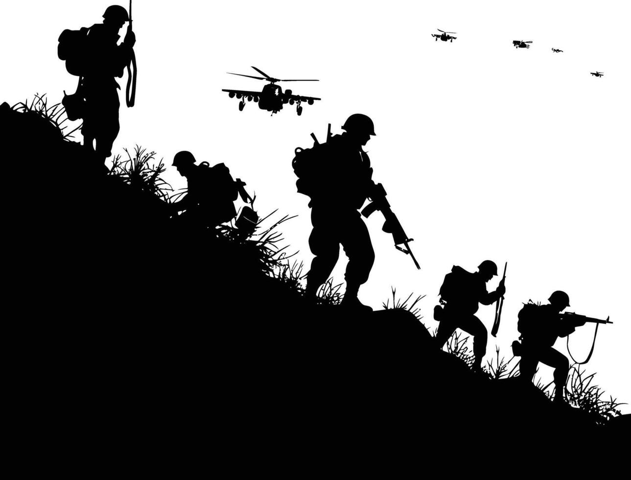 AI generated silhouette of a war situation black color only vector