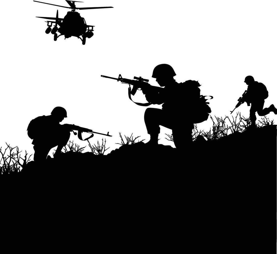 AI generated silhouette of a war situation black color only vector