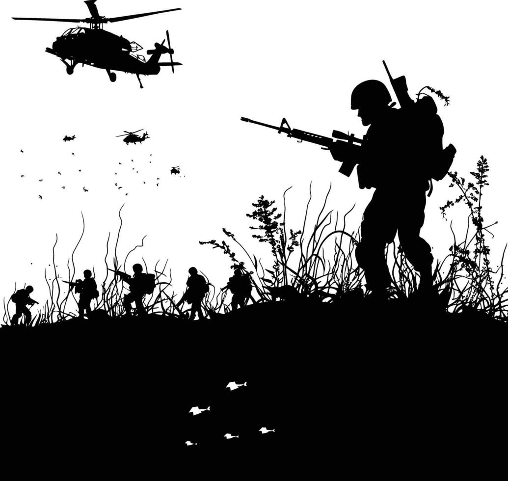 AI generated silhouette of a war situation black color only vector