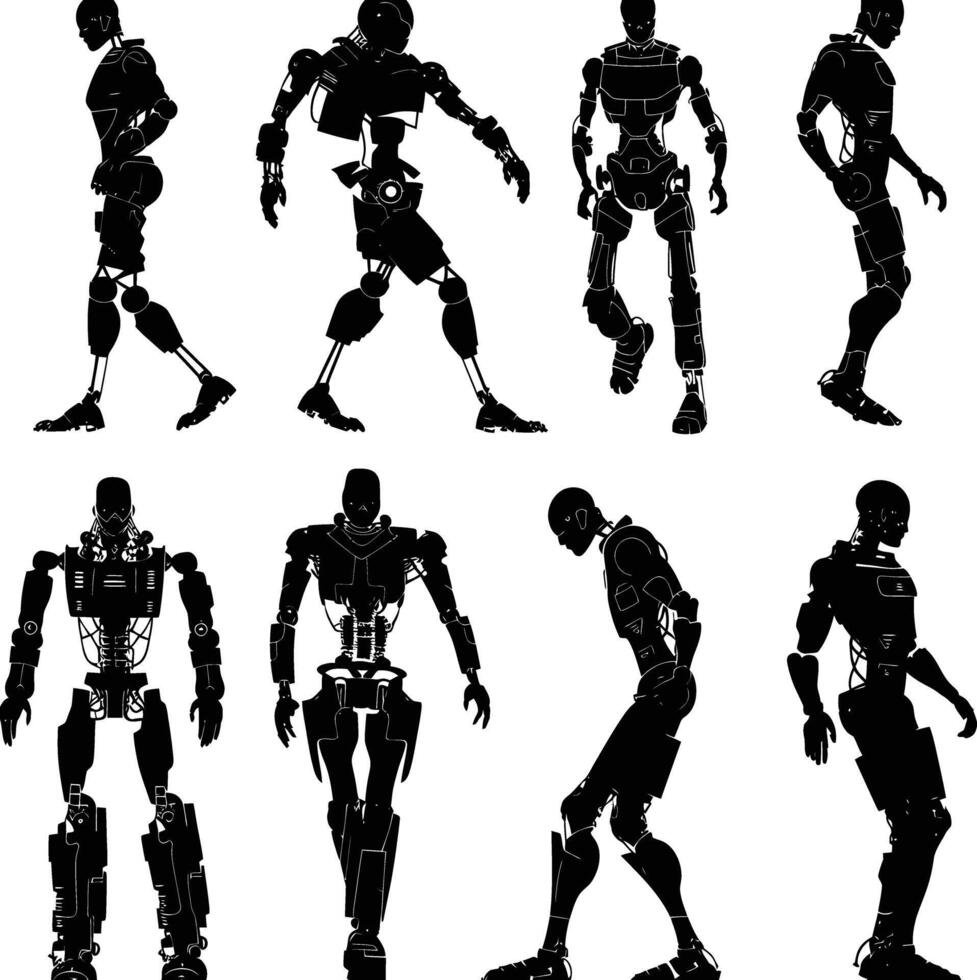 ai generado silueta varios tipos de robot movimientos negro color solamente lleno cuerpo vector