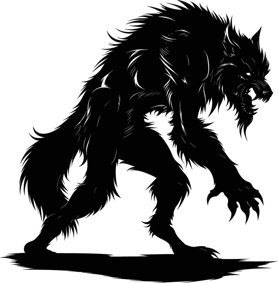 AI generated Silhouette warewolf or occasionally lycanthrope or lycan monster black color only full body vector