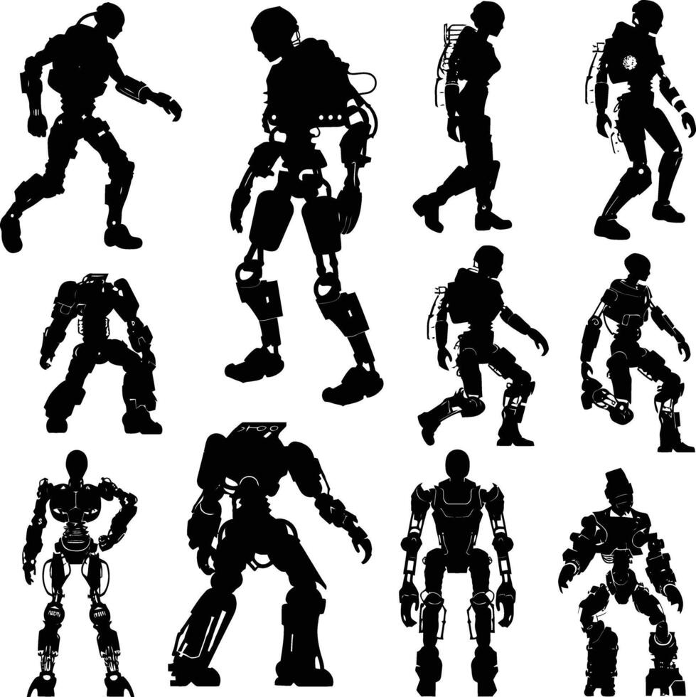 AI generated Silhouette various kinds of robot movements black color only full body vector