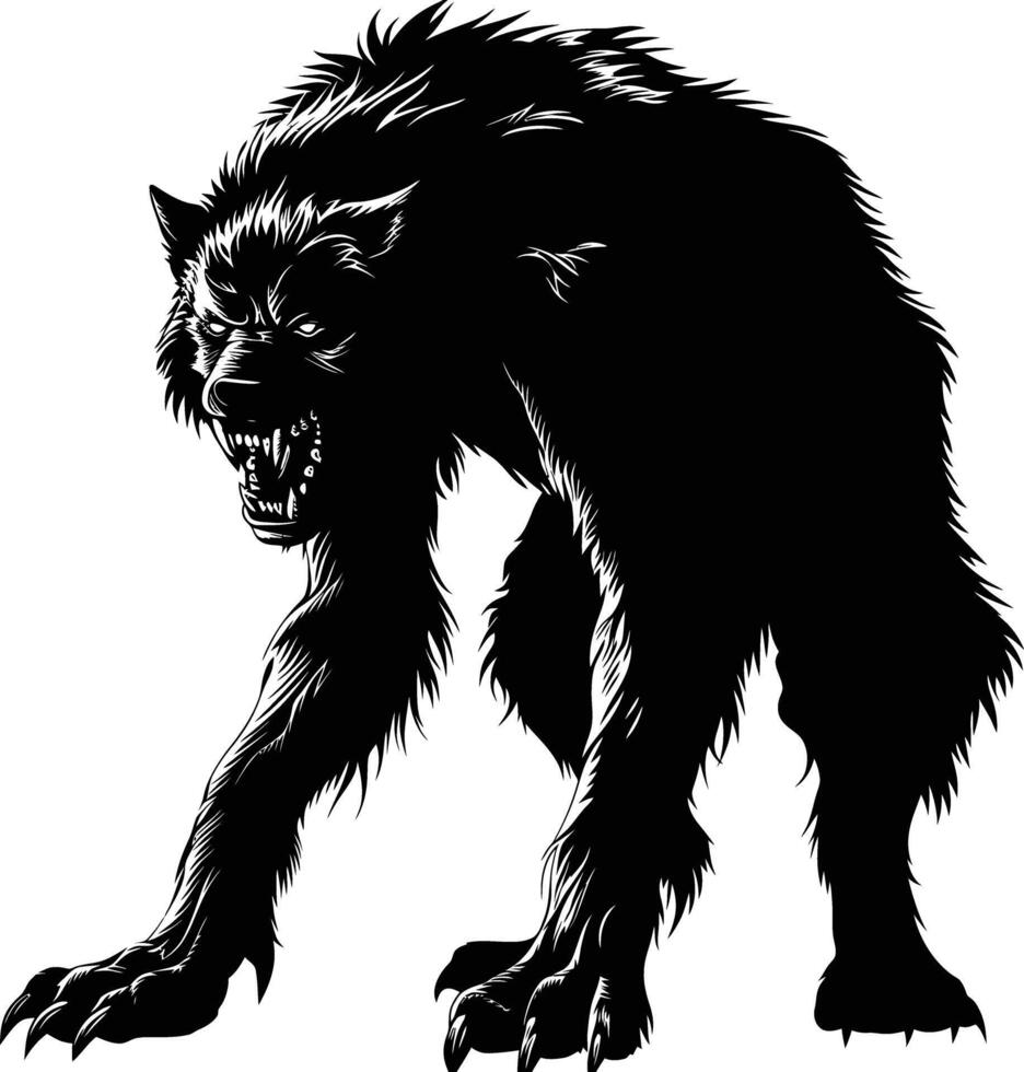 AI generated Silhouette warewolf or occasionally lycanthrope or lycan monster black color only full body vector