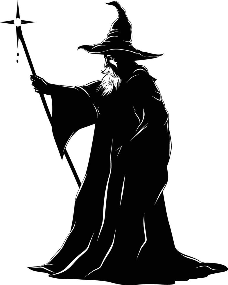 AI generated Silhouette wizard with wand black color only full vector