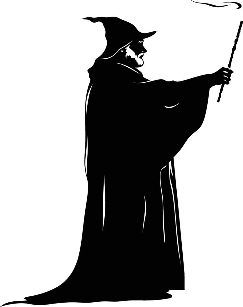 AI generated Silhouette wizard with wand black color only full vector