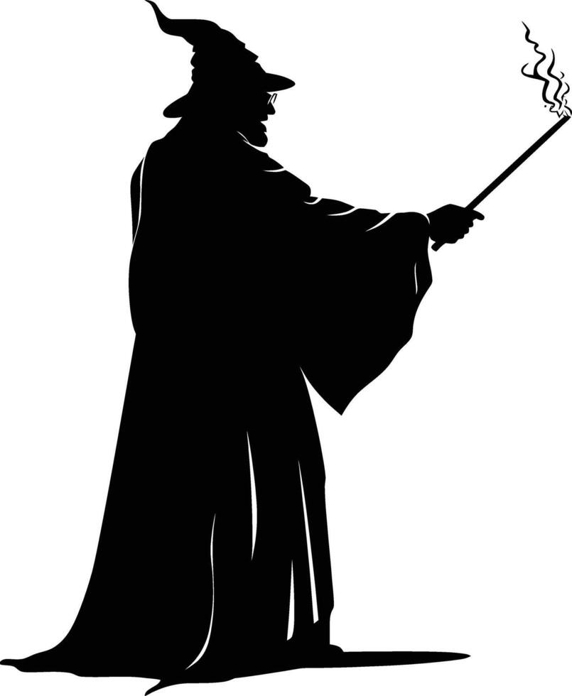 AI generated Silhouette wizard with wand black color only full vector