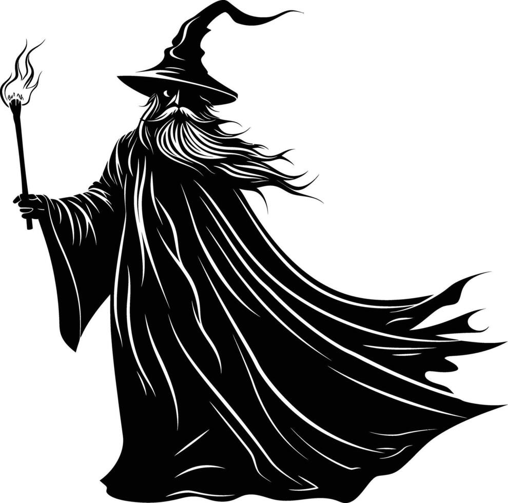 AI generated Silhouette wizard with wand black color only full vector
