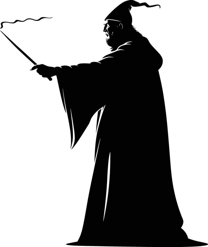 AI generated Silhouette wizard with wand black color only full vector