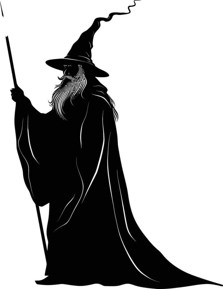 AI generated Silhouette wizard with wand black color only full vector