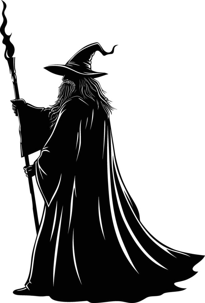 AI generated Silhouette wizard with wand black color only full vector