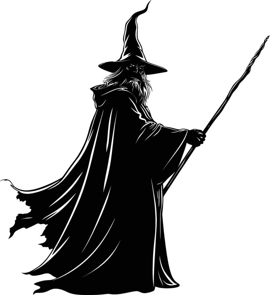 AI generated Silhouette wizard with wand black color only full vector