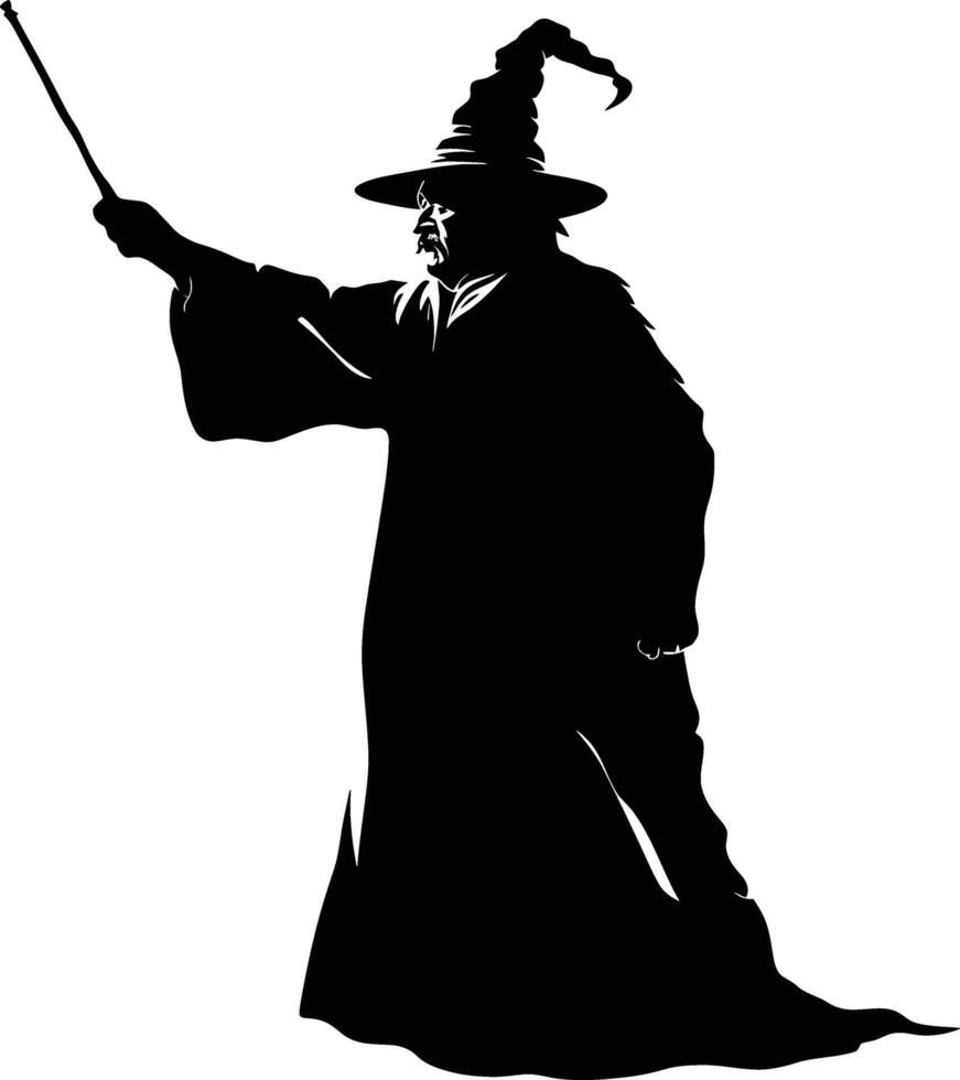 AI generated Silhouette wizard with wand black color only full vector