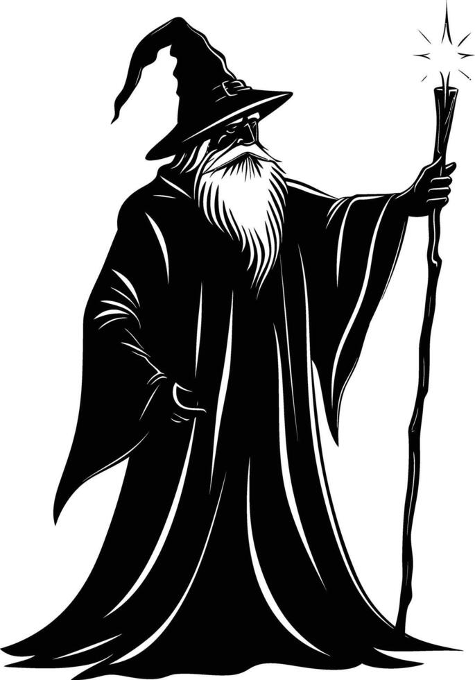 AI generated Silhouette wizard with wand black color only full vector