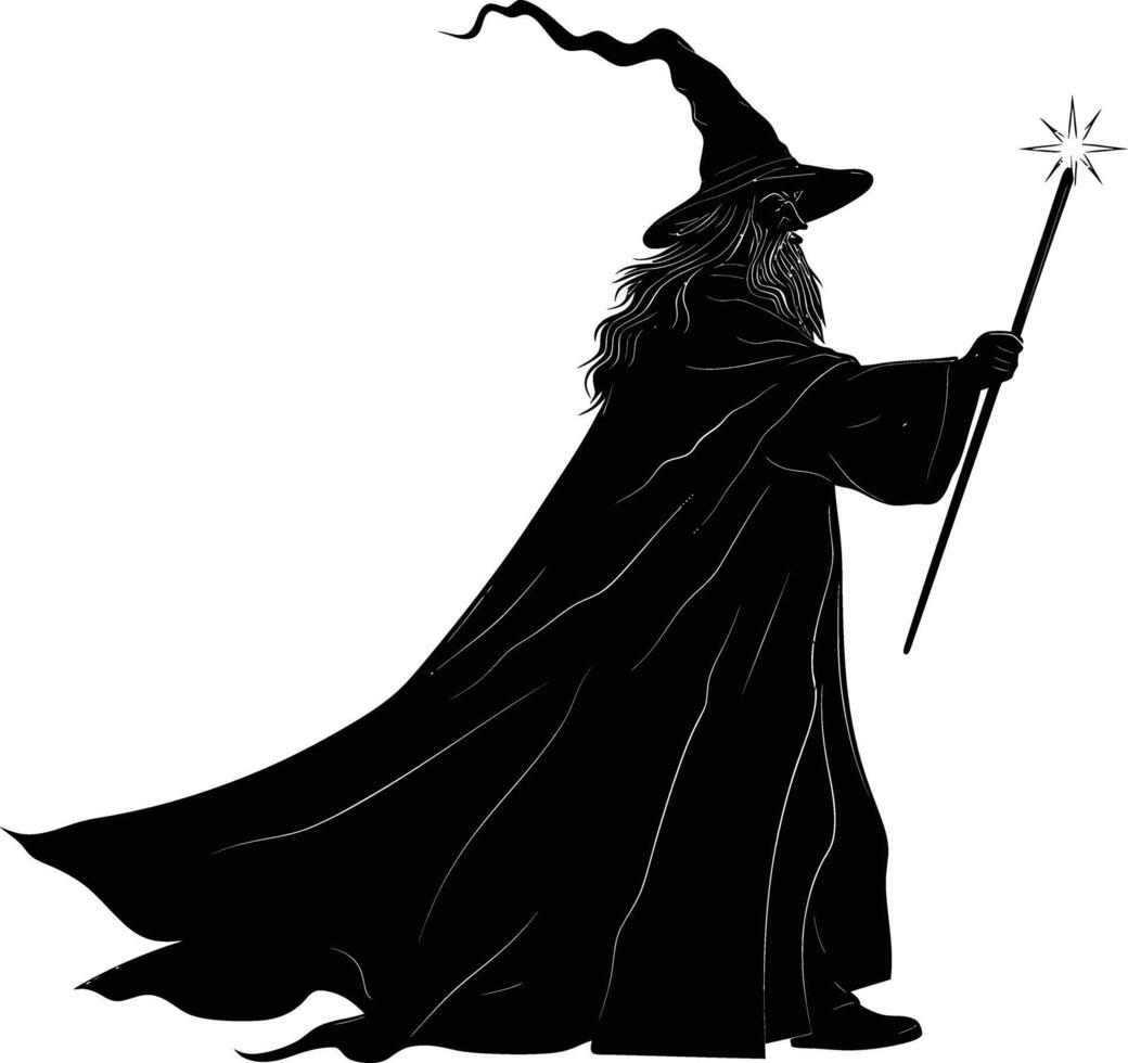 AI generated Silhouette wizard with wand black color only full vector