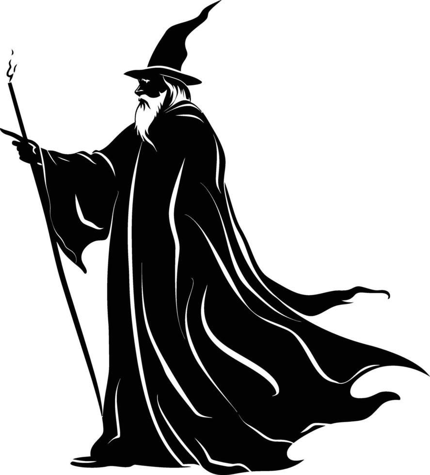 AI generated Silhouette wizard with wand black color only full vector