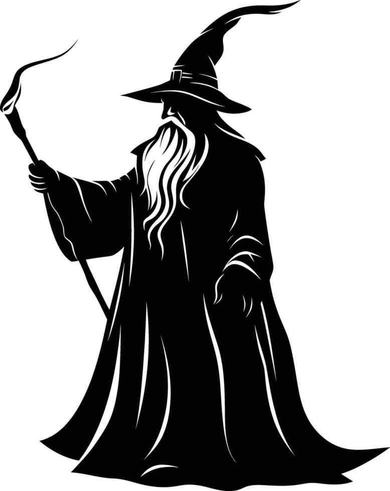 AI generated Silhouette wizard with wand black color only full vector