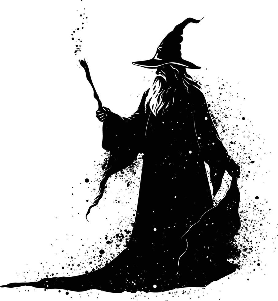 AI generated Silhouette wizard with wand black color only full vector