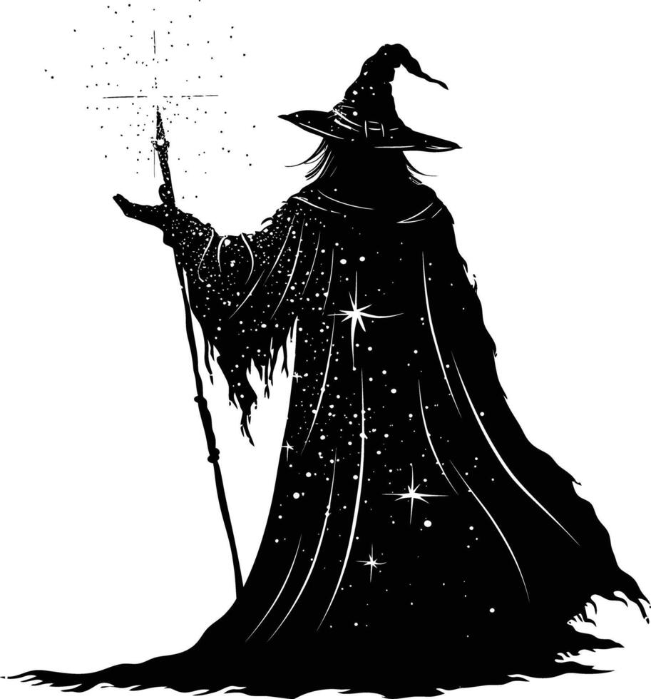 AI generated Silhouette wizard with wand black color only full vector