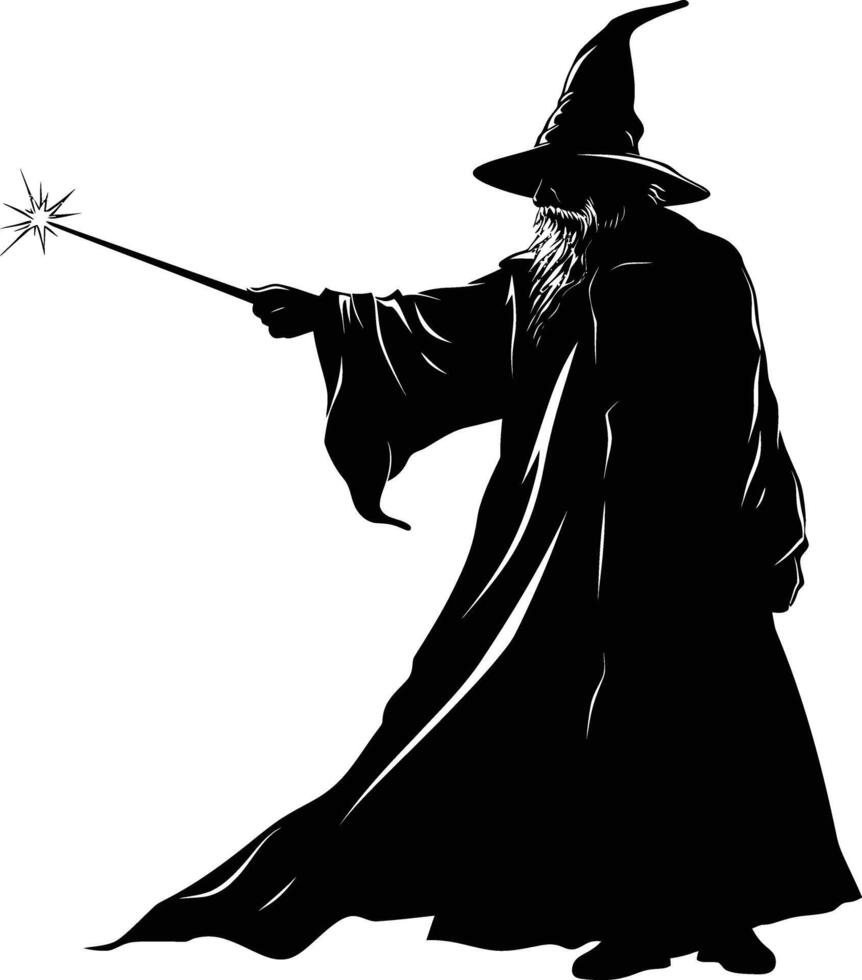 AI generated Silhouette wizard with wand black color only full vector