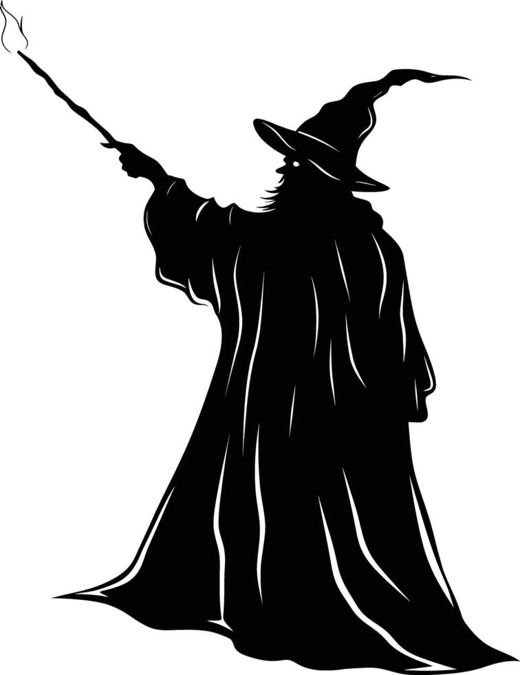 AI generated Silhouette wizard with wand black color only full vector