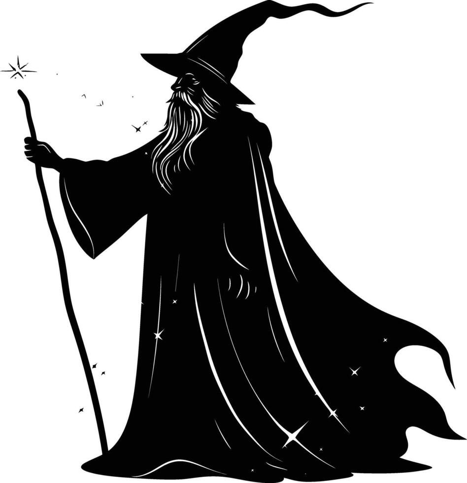 AI generated Silhouette wizard with wand black color only full vector