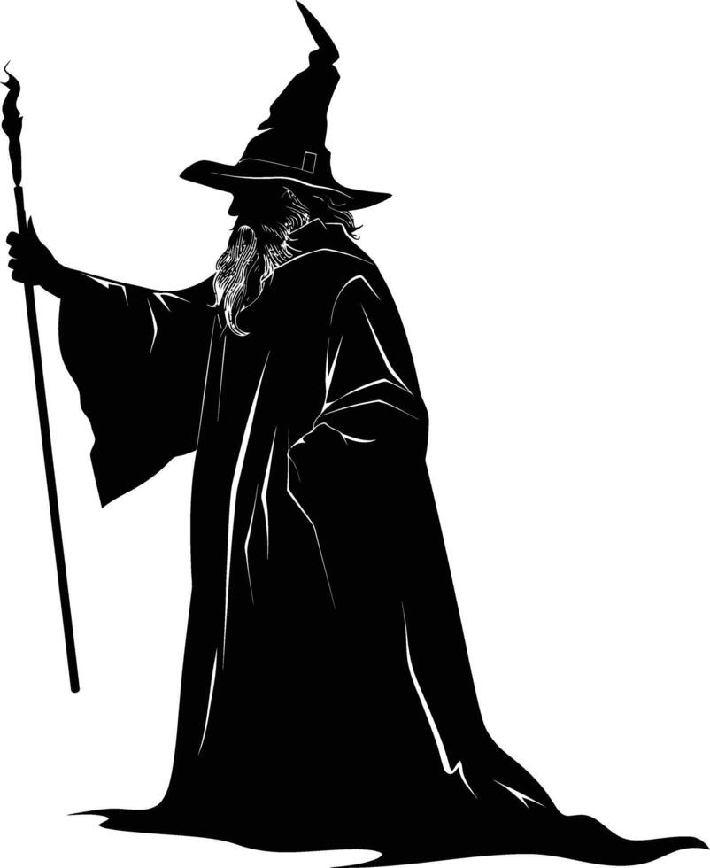 AI generated Silhouette wizard with wand black color only full vector