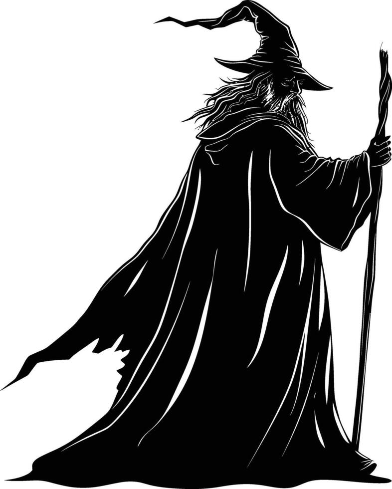 AI generated Silhouette wizard with wand black color only full vector