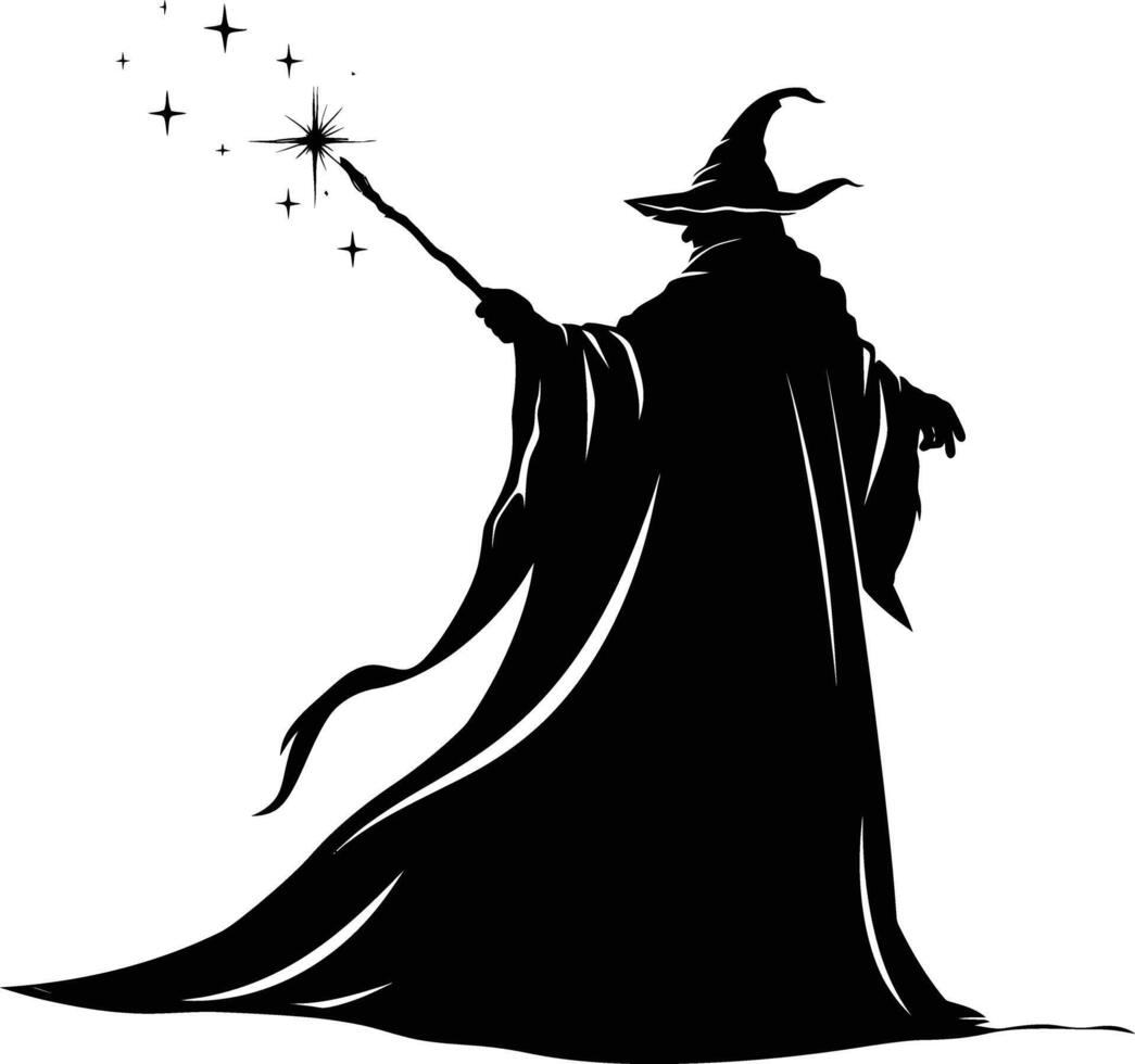 AI generated Silhouette wizard with wand black color only full vector