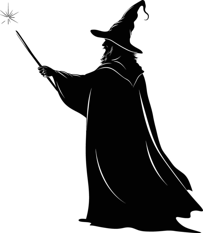 AI generated Silhouette wizard with wand black color only full vector