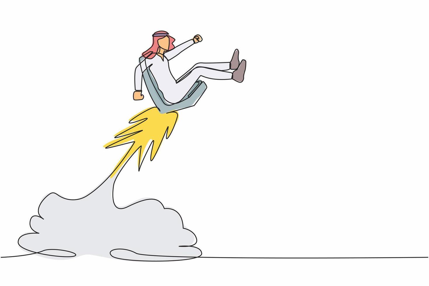 Single continuous line drawing active Arab businessman riding office chair rocket flying in the sky. Boost career development, job promoted to higher position. One line draw design vector illustration