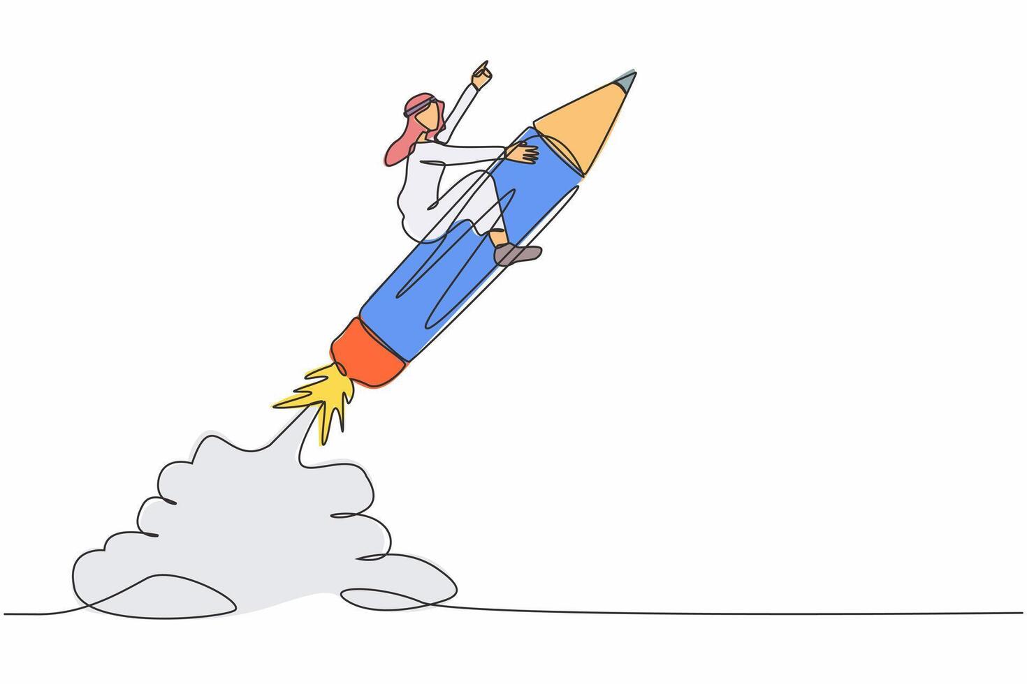Single one line drawing young Arabian businessman riding pencil rocket flying in sky. Concept of education, creativity, imagination or creative freedom. Continuous line draw design vector illustration