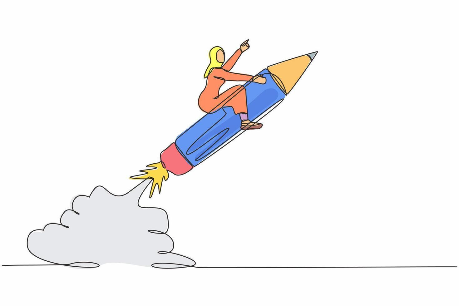 soltero uno línea dibujo árabe mujer de negocios montando lápiz cohete volador en cielo. creatividad idea dirigir el forma, educación o conocimiento ayuda carrera desarrollo. continuo línea diseño vector ilustración
