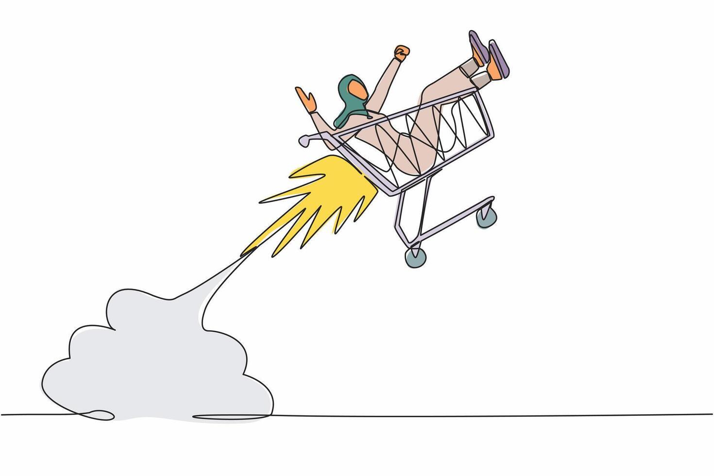 Single one line drawing Arab businesswoman riding trolley cart rocket flying in the sky. Happy buyer female shopping in department store, supermarket. Continuous line draw design vector illustration