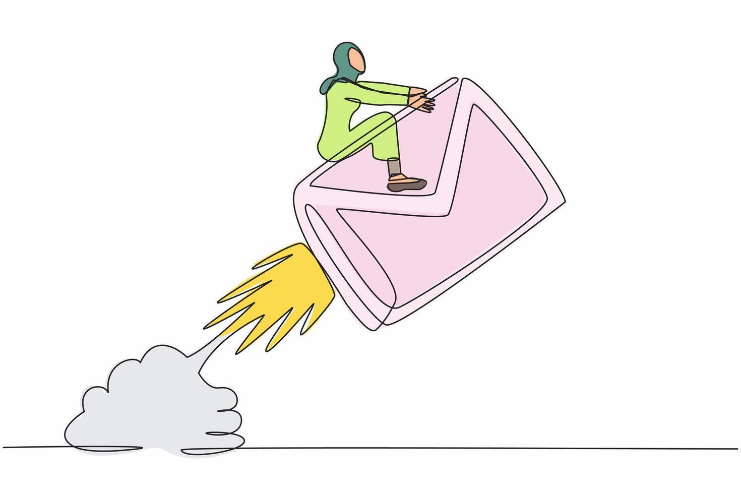 Single continuous line drawing Arabian businesswoman riding paper envelope rocket flying in sky. Concept of social media, digital message development program. One line draw design vector illustration