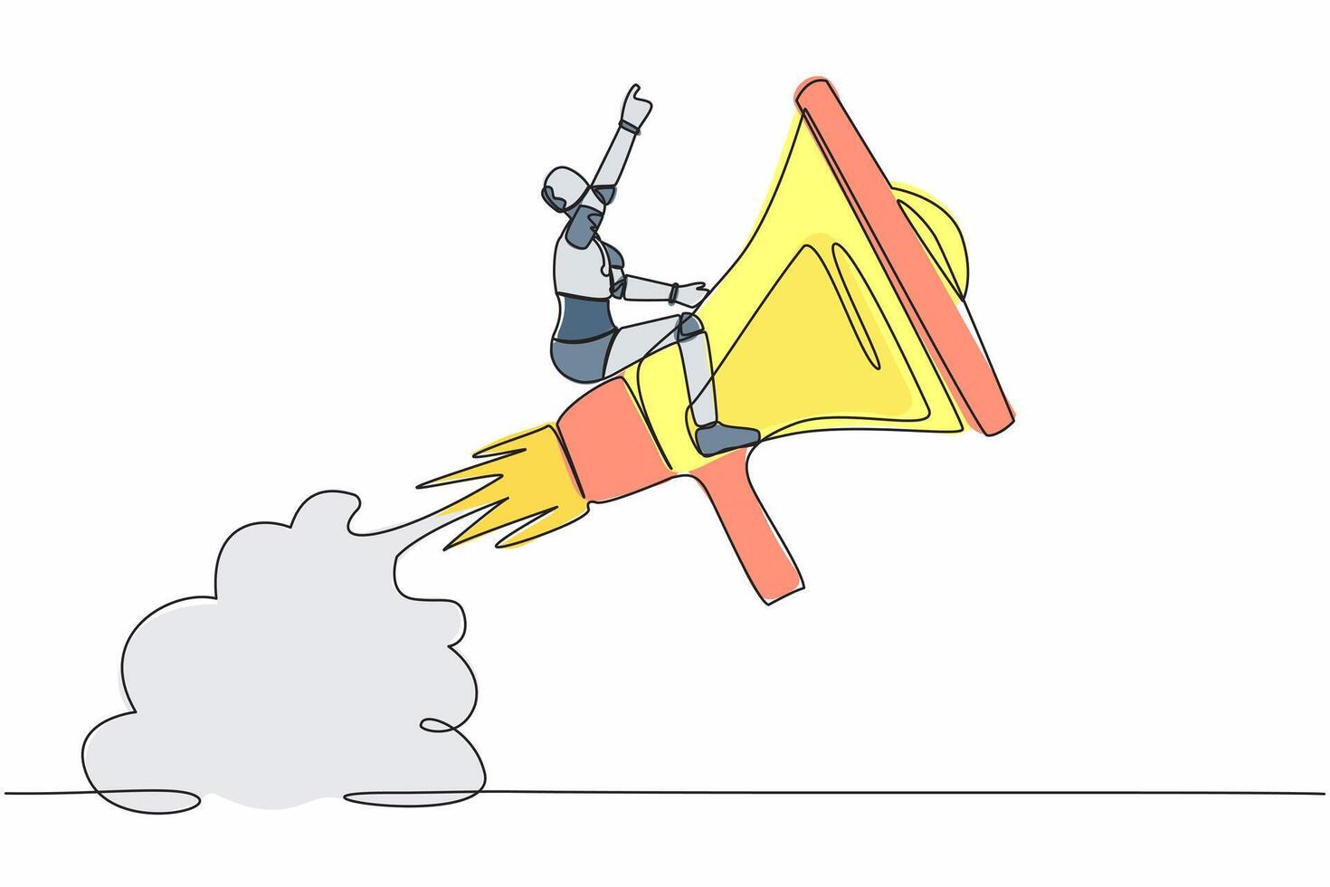 continuo uno línea dibujo de robot montando megáfono cohete volador en cielo. suave habilidad a comunicar con equipo. humanoide robot cibernético organismo. soltero línea dibujar diseño vector gráfico ilustración