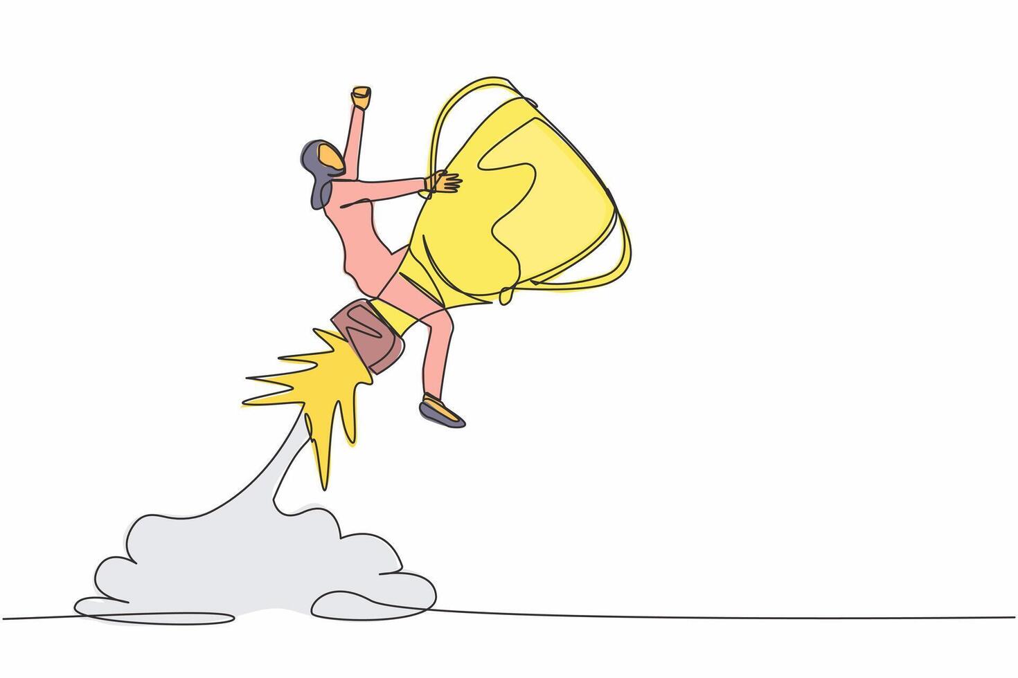 Single continuous line drawing Arabian businesswoman riding trophy rocket flying in the sky. Accelerate business strategy to win competition. Achievement goal. One line draw design vector illustration