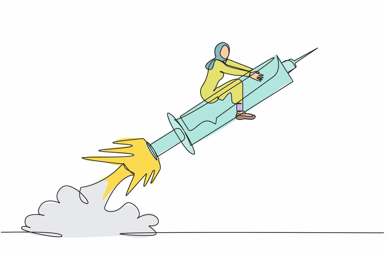 Single continuous line drawing Arab businesswoman riding syringe rocket flying in the sky.Increase vaccination against COVID-19. Fighting to eliminate coronavirus. One line design vector illustration