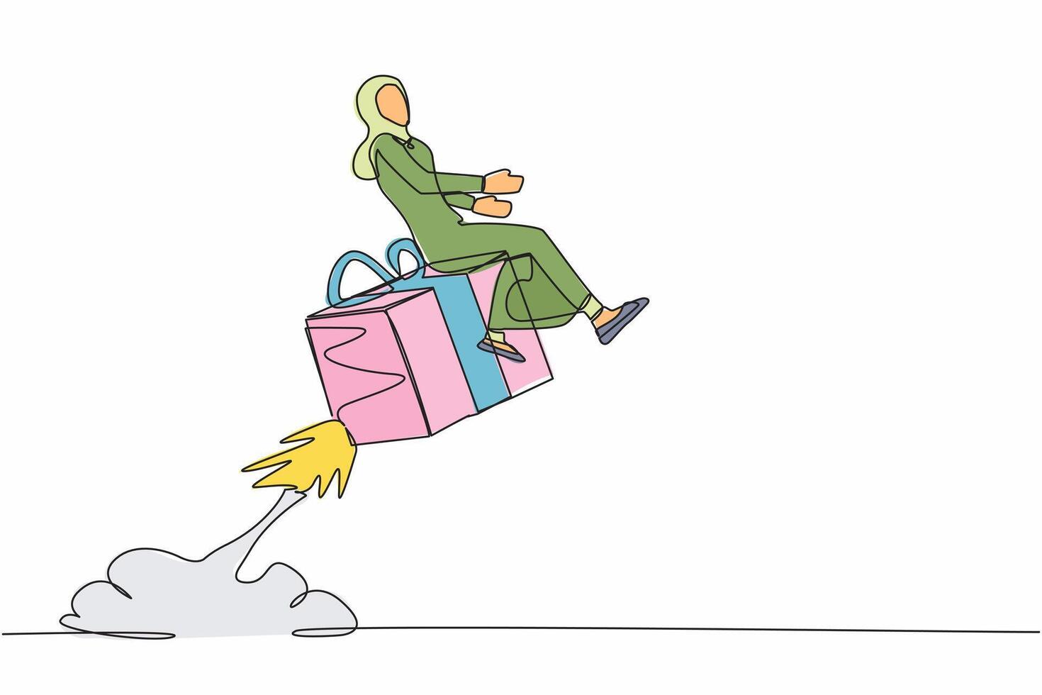 Single continuous line drawing Arab businesswoman riding gift box rocket flying in the sky. Package cardboard box with attached rockets. Big box with booster. One line draw design vector illustration