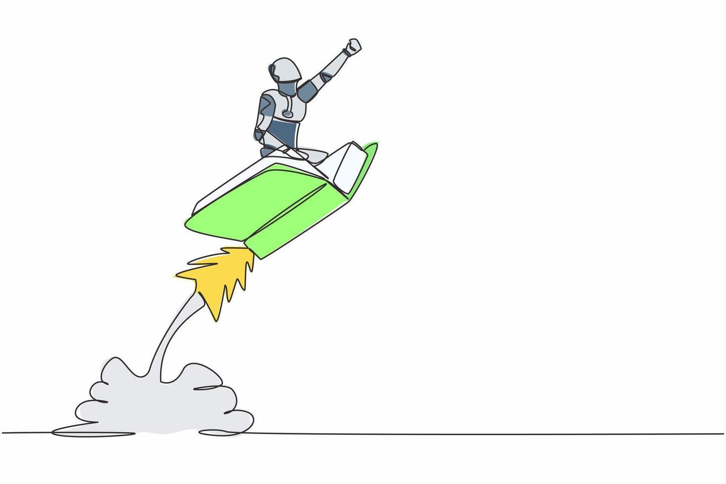 Single one line drawing robot riding book rocket flying in the sky. Increase tech ability learning. Modern robotic artificial intelligence technology. Continuous line draw design vector illustration