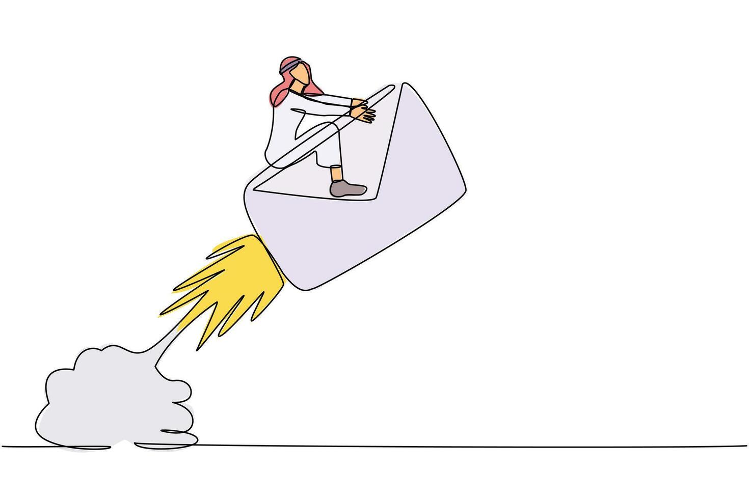 Single continuous line drawing Arabian businessman riding paper envelope rocket flying in the sky. Launch project. Social media, news, email, web development. One line draw design vector illustration