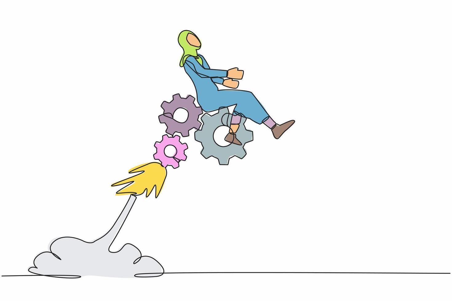 Continuous one line drawing Arabian businesswoman riding gear rocket flying in the sky. Challenge to win higher target. Effort and ambition to reach goal. Single line draw design vector illustration