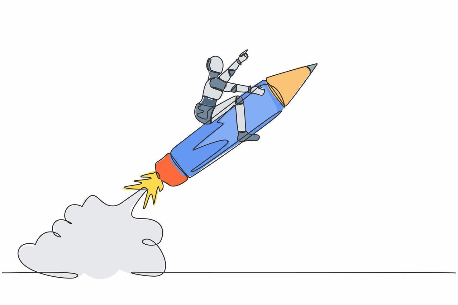 Single continuous line drawing robot riding pencil rocket flying in the sky. Tech education and creativity. Future technology development. Artificial intelligence. One line design vector illustration